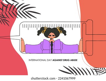 International Day Against Drugs banner. The girl is inside the syringe.
