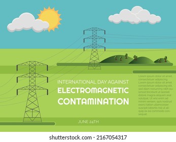International day against electromagnetic pollution.illustration of high voltage lines on landscape and space for text.