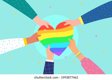 International day against homophobia. Hand with lgbt holding colorful rainbow heart. Several people hold rainbow heart symbol on their hands. Flat design, vector illustration.