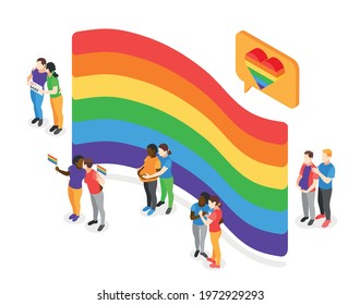 International day against homophobia isometric concept with some loving lgbt and gay couples standing at rainbow flag background vector illustration
