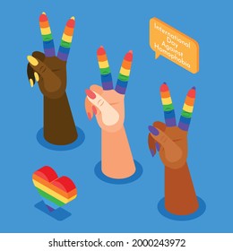 International day against homophobia isometric background with hands with two fingers raised up decorated in colors of lgbt flag vector illustration