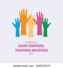 Día Internacional contra la Homofobia, Transfobia y Vector de Bifobia. Las manos levantadas coloreadas levantan el vector de forma. Afiche del Día contra la Homofobia, Transfobia y Bifobia, 17 de mayo. Día importante