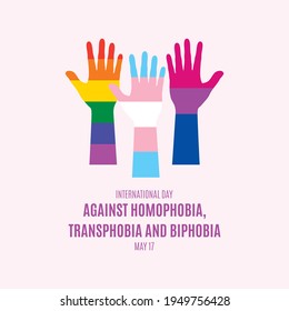 International Day Against Homophobia, Transphobia and Biphobia vector. Different pride flag in shape of a human hand silhouette vector. Colored raised hands up shape vector. Important day