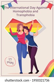 International day against homophobia and transphobia flat poster with female couple holding rainbow heart vector illustration
