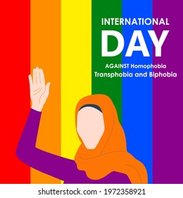 The International Day Against Homophobia, Transphobia and Biphobia. #IDAHOT. Beautiful LGBT girl in the hijab on a background painted in the colors of the LGBT community. Vector. Eps 10.