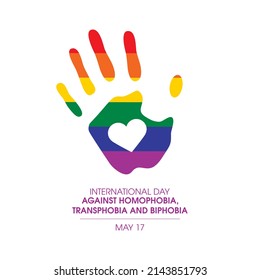 International Day Against Homophobia, Transphobia and Biphobia vector. LGBT rainbow handprint icon vector. Gay hand design element. Pride flag handprint vector. May 17. Important day