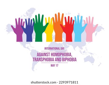 International Day Against Homophobia, Transphobia and Biphobia vector illustration. Raised hands up pride flag icon vector. LGBTQIA design element. May 17. Important day