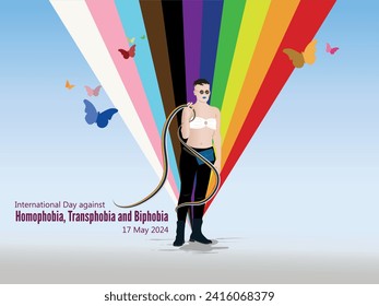 International Day against Homophobia, Transphobia and Biphobia.
Young girl with colorful ribbons of all collectives.