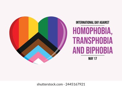 International Day Against Homophobia, Transphobia and Biphobia poster vector illustration. LGBTQ pride flag in heart shape icon vector. Template for background, banner, card. May 17. Important day