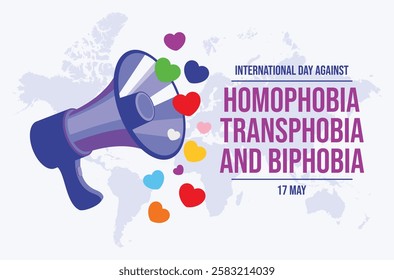 International Day Against Homophobia, Transphobia and Biphobia poster vector illustration. Loud speaker and colorful hearts vector. LGBTQIA megaphone love symbol. Template for background, banner, card