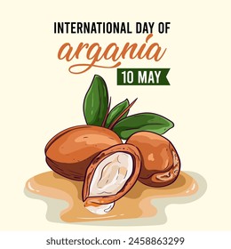 International day of argania celebration design with the argan oil. May 10th International Argania day celebration cover banner Argan trees in Morocco.