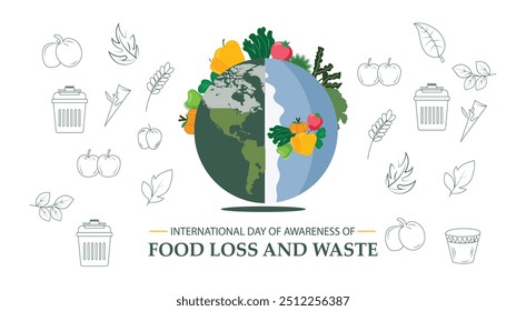 Dia Internacional da Consciência da Perda de Alimentos e projeto de banner de vetor de resíduos. Feliz Dia Internacional da Consciência sobre Perda e Desperdício de Alimentos