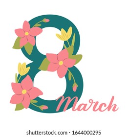 International Women’s Day banner. 8 March card with hand lettering. Vector flat illustration.