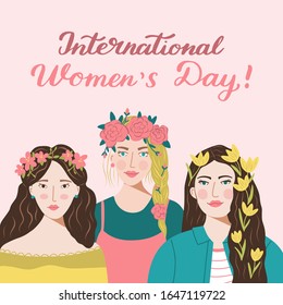 International Women’s Day banner. 8 March concept. Girls of different nationalities with flowers in their hair. Vector illustration.
