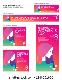 International Women’s Day Banner - New And Modern Style With Color Transitions Trends. Can Use For Web Ads, Blog, Mobile, Commercial, Editorial, And Others. Vector.