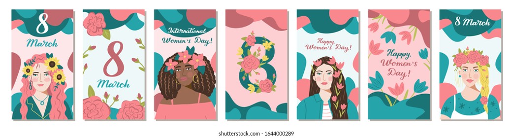 International Women’s Day banners. 8 March template for social networks stories, vector illustration. Girls with flowers in their hair.