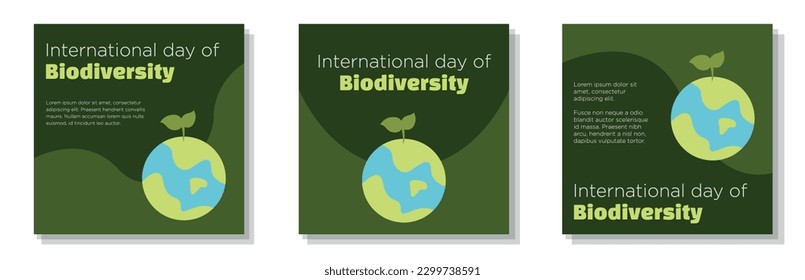 Día Internacional de la biodiversidad publicación en medios sociales, juego de pancartas, concepto de publicidad viviente sustentable, cuadrado y plantilla de marketing de emisiones cero, impresión ecológica abstracta, aislado en segundo plano