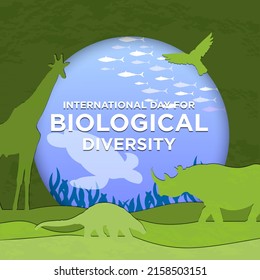 International Day for Biological Diversity celebrated May 22. For social media, poster, cards, banners, backgrounds, flyers, web. Vector Illustration of fish, turtle, giraffe, rhino, armadillo. EPS 10
