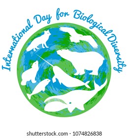 International Day for Biological Diversity. The concept of ecological holiday. Arctic animals, white silhouettes. Planet earth on a white background. Event name