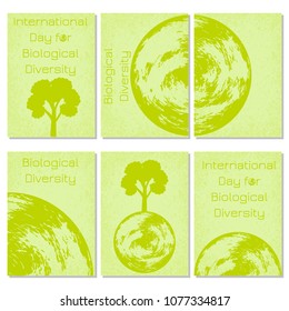 International Day for Biological Diversity. The concept of ecological holiday. Planet Earth. Green background. 6 kinds of business cards or flyers for participants of the event. Event name