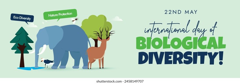 International day of Biological diversity cover banner. 22nd May 2024 International biodiversity day celebration cover banner with elephant, deer, flowers, trees, birds on light green background.