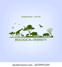 Día Internacional de la Diversidad Biológica diseño creativo de Vectores temáticos. Plantas, árboles y siluetas de iconos de animales en el fondo.