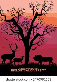 International Day for Biological Diversity creative theme vector design. Plants, trees and animal icon silhouettes on background.