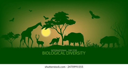 International Day for Biological Diversity creative theme vector design. Plants, trees and animal icon silhouettes on background.