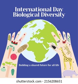 International Day for Biological Diversity illustration vector Suitable for banner, poster, greeting card, mug, shirt, template and print advertising. Illustration of an earth, hand and many animals.