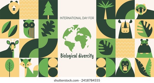 International Day of Biological Diversity. May 22nd. The concept of wildlife. Geometric mosaic with abstract shapes of different animals. Template for postcards, flyers, banners. Vector illustration.