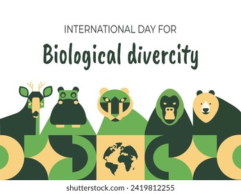 Día Internacional de la Diversidad Biológica. 22 de mayo. El concepto de vida salvaje. Mosaico geométrico con formas abstractas de diferentes animales. Plantilla para postales, volantes, banners. Ilustración del vector.2