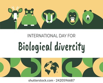 Día Internacional de la Diversidad Biológica. 22 de mayo.  Mosaico geométrico con formas abstractas de diferentes animales. Plantilla para postales, volantes, banners. Ilustración del vector.3