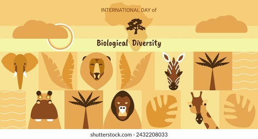 Día Internacional de la Diversidad Biológica 22 de mayo. El concepto de vida silvestre africana. Mosaico geométrico con figuras abstractas de diferentes animales. Plantilla para postales, flyers, banners.