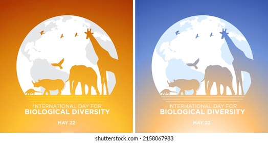 International Day for Biological Diversity set, vector. Wild animals silhouette, sunset, sunrise background, flying bird, planet earth. Biological diversity poster, illustration. Celebrated on May 22