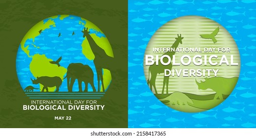 International Day for Biological Diversity set. Celebrated on May 22. Paper animals silhouette, planet earth with fish background. Ocean and fish. Biological diversity poster, vector illustration. 