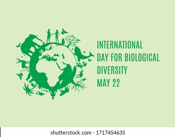 International Day for Biological Diversity vector. Planet Earth with fauna and flora icon. Green planet earth vector. Wild animals silhouette vector. Biodiversity Day Poster, May 22. Important day