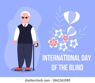 Internationaler Tag des blinden Konzepts Vektor. Die Veranstaltung wird im November gefeiert. Blinde behinderte alte Mann mit schwarzen Kanen dunkle Brille wird gezeigt.
