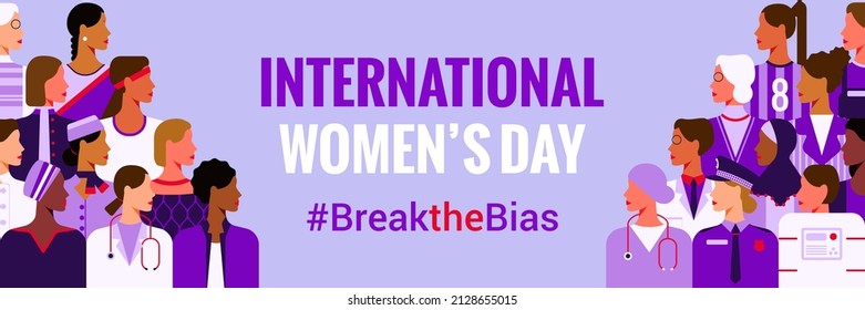 International Women’s Day. Break the bias banner. Women’s equality day. Vector illustration of women of diverse age, races and occupation. 