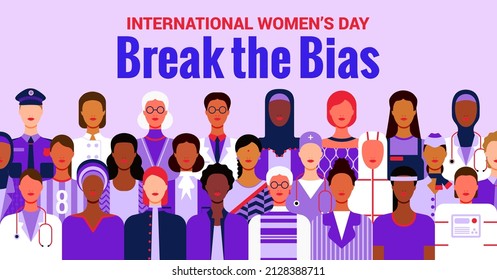 Día Internacional de la Mujer. Rompe el concepto de sesgo. Día de la igualdad de la mujer. Ilustración de mujeres de diversas edades, razas y ocupaciones. Banner horizontal del vector.