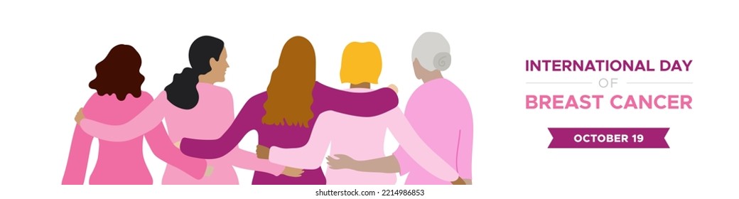 International Day of Breast Cancer. October 19. Group of five women embracing of different ages dressed in pink. Horizontal banner. Vector illustration, flat design