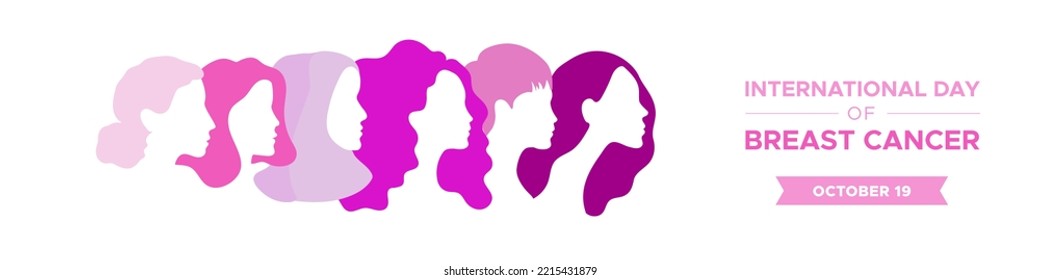 International Day of Breast Cancer. October 19. Portraits of different women in profile. Pink tones. Horizontal banner. Vector illustration, flat design