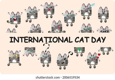 

International day of the cat lettering. Stickers, icons with cute cats. Vector illustration.