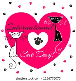 International day of cats. Holiday card. White and black cats. Cartoon-style. Funny funny kittens. Cat's footprints. Heart. Vector illustration.