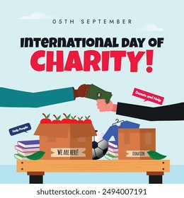 International day of charity, 5th september conceptual banner, post. Day of Charity banner with different charity boxes, one hand giving money other receiving it. The day honors Mother Teresa.