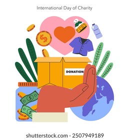 Concepto del Día Internacional de la Caridad. Ilustración de generosas donaciones en todo el mundo simbolizadas con un corazón y una mano. Asistencia mundial a través de prendas de vestir, fondos y artículos esenciales. Ilustración vectorial.