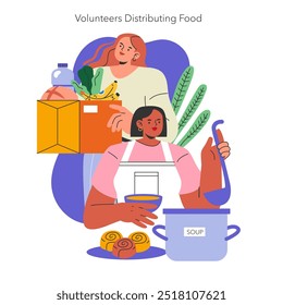 International Day of Charity concept. Volunteers sharing meals and hope with a compassion spirit. Food aid and community support. Vector illustration.