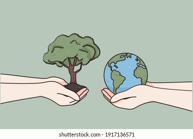 International day of charity and donation concept. Two human hands carefully holding green tree with ground and earth globe over green environment background vector illustration 