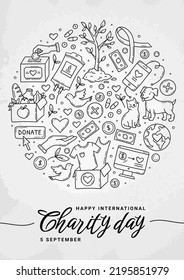 Afiche del Día Internacional de la Caridad y donaciones vectoriales. Cinta de ayuda a los animales, ropa, alimentos y medicinas, donación de sangre y sensibilización