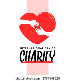 International day of charity greeting vector. two hands inside a heart.