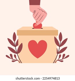 International Day of Charity. Hand puts heart in donation box. Modern illustration with box and plants. Volunteering, supporting, humanism, charity conception. For icon, sticker, banner, card design.